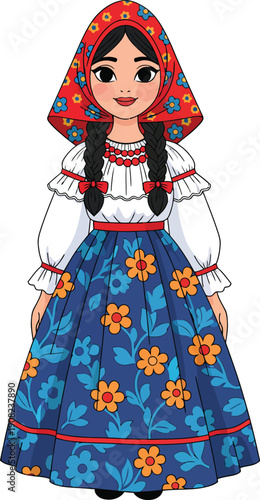 Smiling cartoon girl in a traditional folk costume with a red floral headscarf and blue patterned skirt.
