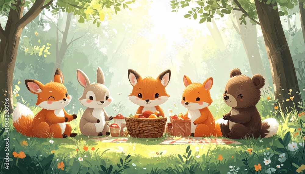 Naklejka premium Cute forest animals gathering with rabbits, foxes, and bears sitting around a picnic in a pastel forest. Semi-realistic scene emphasizing friendship, warmth, and whimsy. 