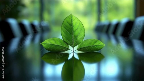 Fresh Green Leaves Representing Growth and Sustainability | Symbol of Growth with Green Leaves in Modern Office | Eco-Friendly Business Concept with Leaf Symbolizing Sustainability