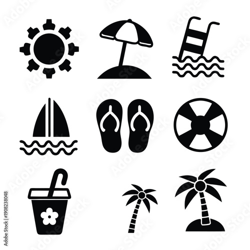 Black and white of beach and summer including sun, umbrella, ladder, sailboat, flip flops, life preserver, potted plant, and palm trees