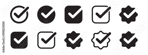 Collection of check mark icons, verify, success and approve signs in black color isolated on white background