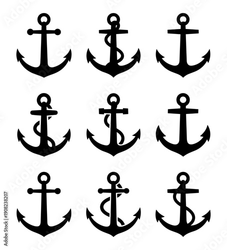 Nautical anchor icon set, marine ship and sea symbols in outline silhouette vector on transparent background
