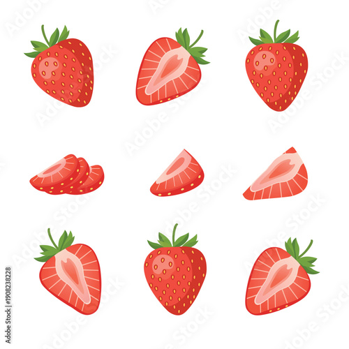 Strawberry Fruit Set with Whole and Sliced Strawberries – Fresh Red Strawberry Flat Vector Illustration
