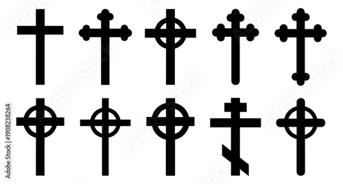 Christian cross icon set with crucifix orthodox and celtic religious symbols vector on transparent background
