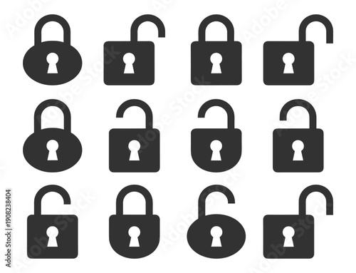 Padlock security icon set with open and closed locks, access protection symbols vector illustration on transparent background