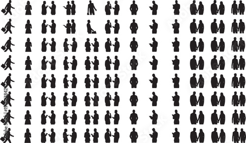 arge Set of People Silhouettes Walking Alone and in Couples in Various Outfits for Urban Life Street Scene and Social Interaction Design Isolated on White