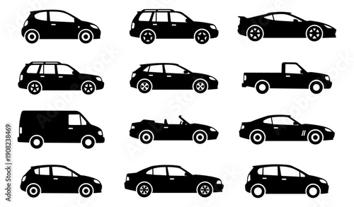 Car icon set with vehicle silhouettes including sedan suv hatchback truck and van side view vector on transparent background