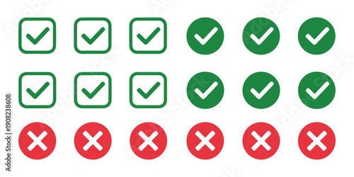 Green check marks in squares and circles and red crosses in circles icons