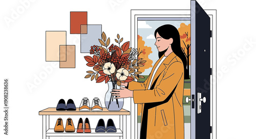 Woman Arranging Autumn Flowers Indoors, Entrance Hall Decor, Seasonal Home