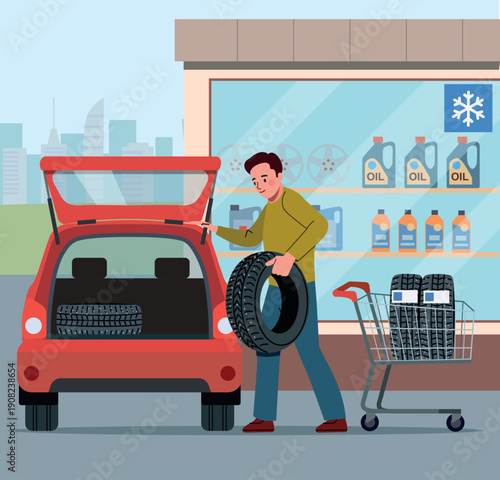 Man loading winter tires into car trunk near auto shop. Vector cartoon flat style illustration