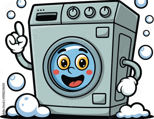 Cute cartoon washing machine character with soap bubbles smiling isolated on white background laundry mascot illustration design