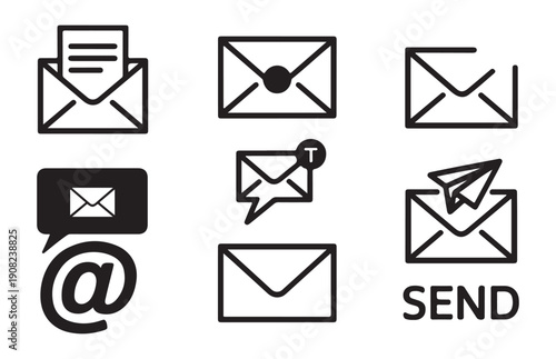 Set of communication icons mail envelope paper airplane at symbol message bubble and send button