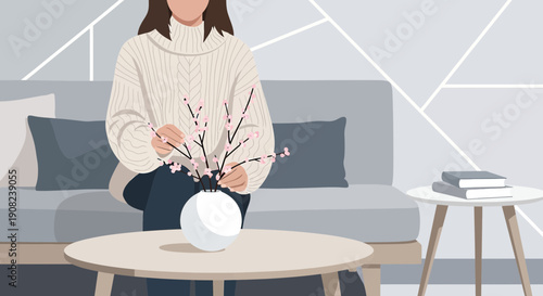 Woman Arranging Cherry Blossoms in Vase, Cozy Living Room Decor