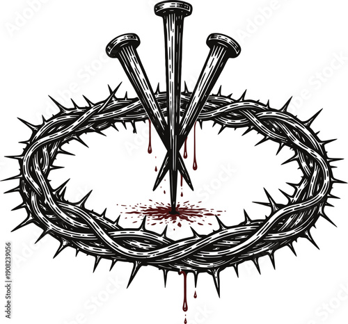 Christian Crucifixion Symbol Crown Of Thorns And Nails With Blood Illustration