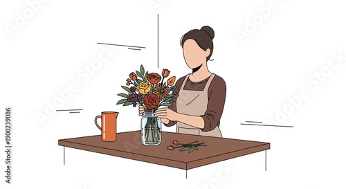 Woman Arranging Autumn Flowers in Vase, Minimalist Illustration