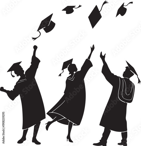 Group of graduates throwing caps in the air celebrating achievement and success, minimalist black silhouette vector isolated on transparent background