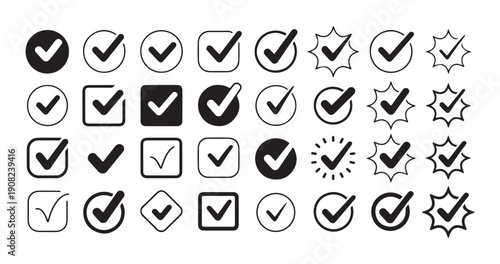 Assorted check mark icons with variations in design, color, and background, signifying choices
