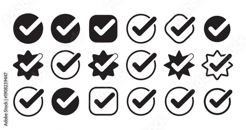 Variety of check mark symbols in solid and outline styles, on different backgrounds for options