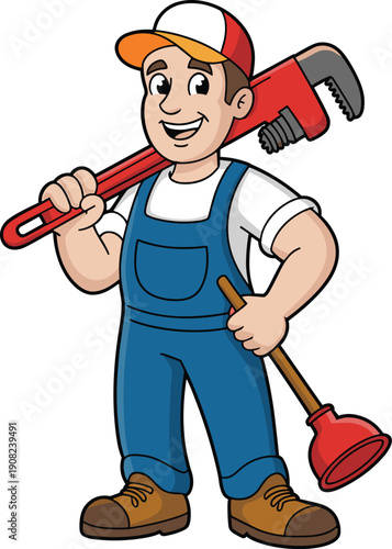 Cartoon plumber character holding wrench and plunger smiling isolated on white background for repair service and handyman designs