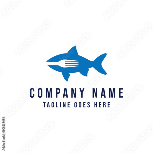 Strong Blue Shark Fork Seafood Restaurant Logo Design