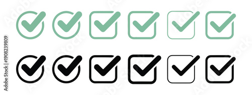 Green and black check mark icons in simple designs, square and round shapes for tasks