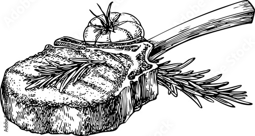 Detailed illustration of a grilled lamb chop with herbs.
