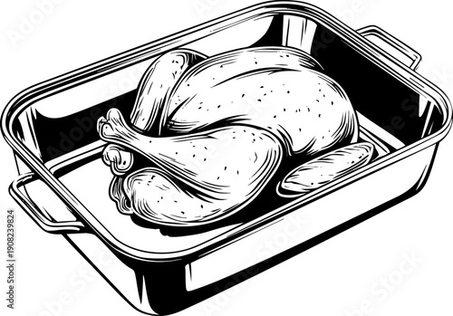 Detailed sketch of a roasted chicken in a metal baking tray.