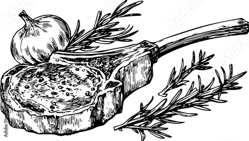 Detailed vintage illustration of a meat chop with herbs.