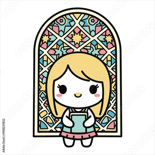 Cartoon Girl Holding Mug in Stained Glass Window Frame