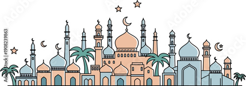 Stunning mosque illustration with crescent moon and stars