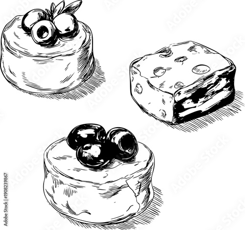 Hand-drawn illustration of assorted cheese varieties and toppings.