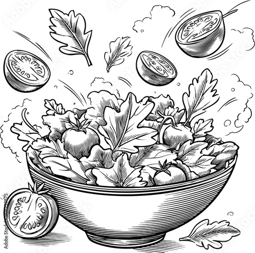 Fresh vegetables and herbs being tossed in a salad bowl.