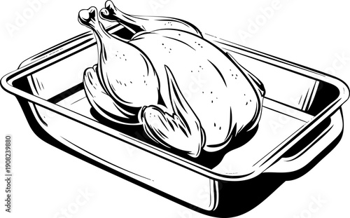 Raw whole chicken placed in a rectangular roasting pan.