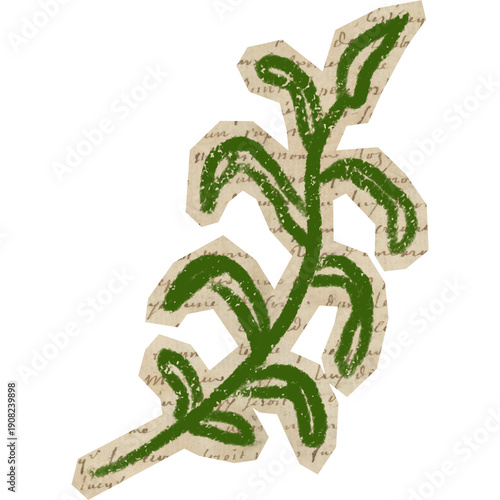 leaves branch with handdrawn crayon botanical on cutout paper for scrapbook