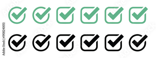 Mint green and black check marks in circular and square frames for checklist validation and task completion UI