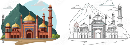 Vibrant mosque with golden domes in majestic mountain landscape