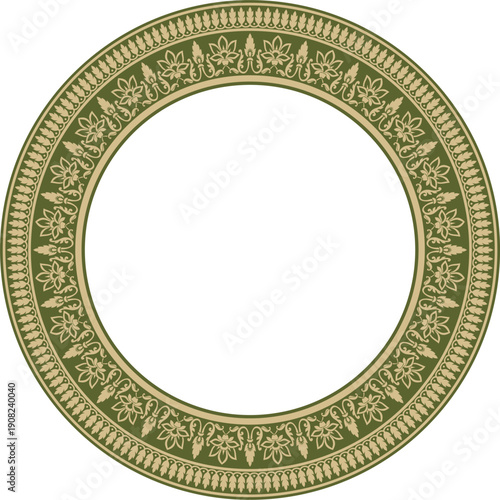 Vector round gold and green Indian national ornament. Ethnic plant circle, border. Frame, flower ring. Poppies and leaves.