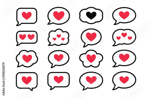 Colorful heart icons inside speech bubbles for social media interaction and romantic digital dialogue composition