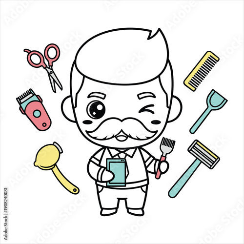 Cartoon Barber with Tools and Accessories Surrounding Him