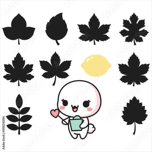 Adorable Cartoon Character with Leaves and Heart on White Background