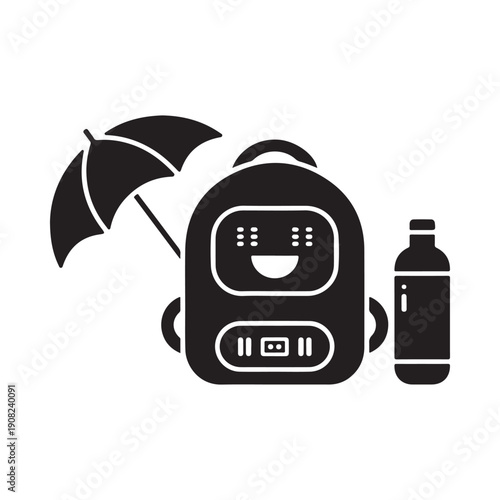 A black silhouette of a robotic backpack with a water bottle and umbrella