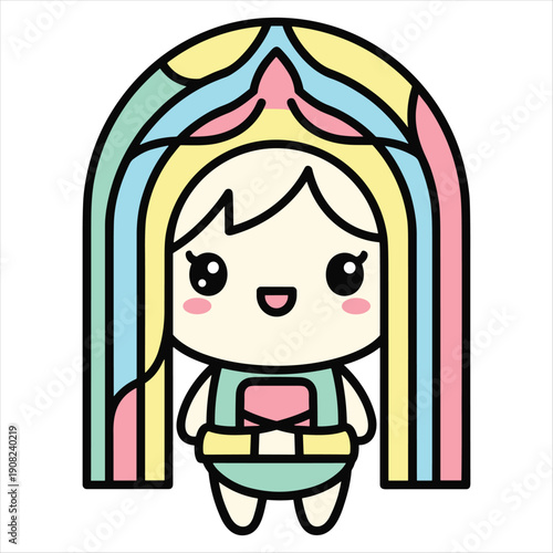 Cartoon Girl with Rainbow Hair Standing Under Archway