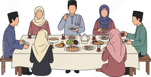 Diverse family sharing a meal together in traditional attire