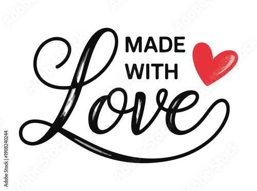 Handwritten made with love quote with red heart accent for craft business identity and creative product packaging