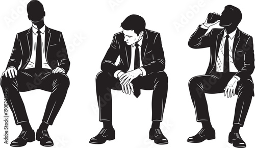 Black Silhouettes Set of Young Businessmen in Formal Suits Sitting in Various Poses Including Relaxing Drinking Coffee and Thinking Isolated on White Background Vector