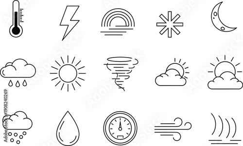 A set of weather-related icons in a minimalist line art style for forecasting applications.
