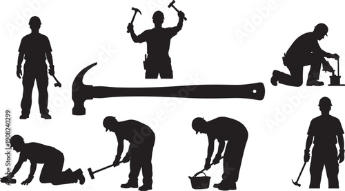 Black and white silhouettes of professional construction workers using hammers in various poses for building, home repair, manual labor, and industrial maintenance service concepts.