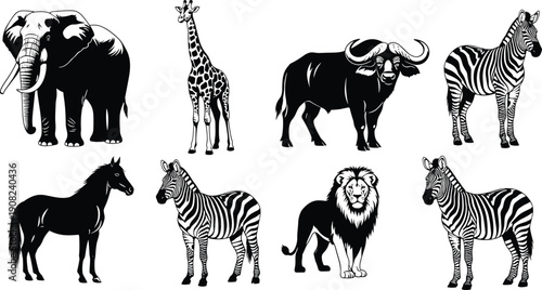 Set of African wildlife animal illustrations including elephant, giraffe, buffalo, zebra, lion and horse, detailed black and white safari animals isolated on white background