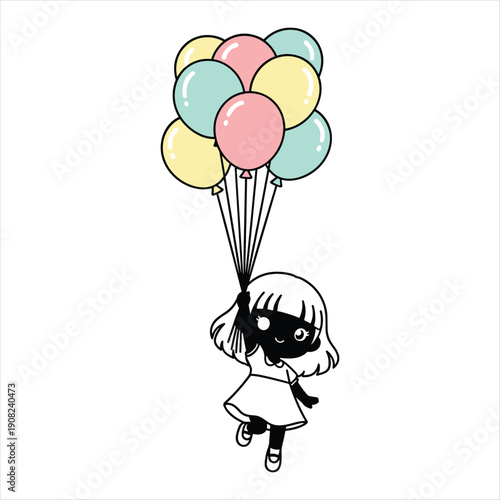 Little Girl Flying with Colorful Balloons, Whimsical Illustration, Pastel Colors