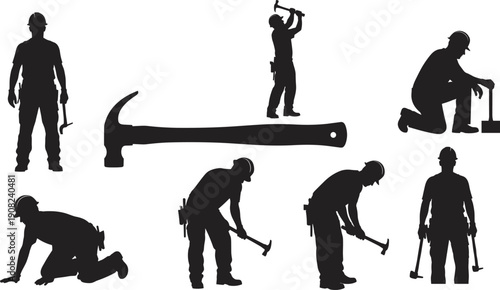 Black and white silhouettes of professional construction workers using hammers in various poses for building, home repair, manual labor, and industrial maintenance service concepts.